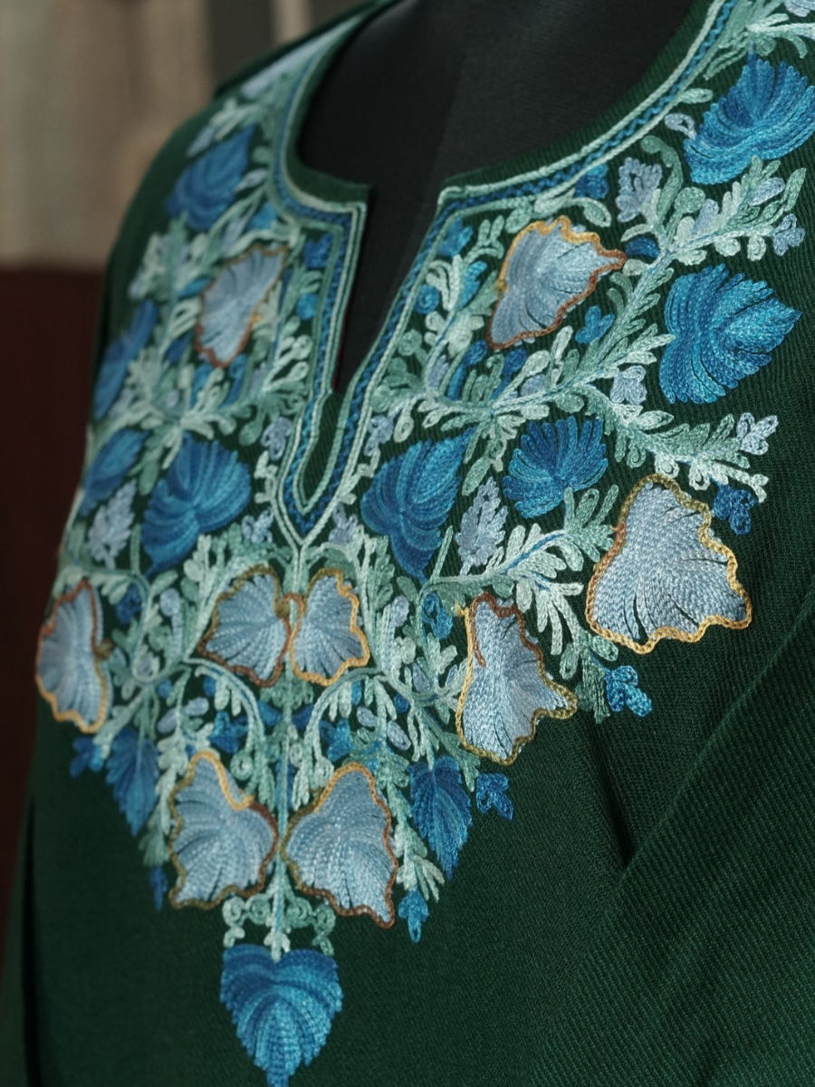 Bottle Green Kashmiri Pheran with Powder Blue & Pink Chinar Embroidery | Aari Embroidered Wool Phiran