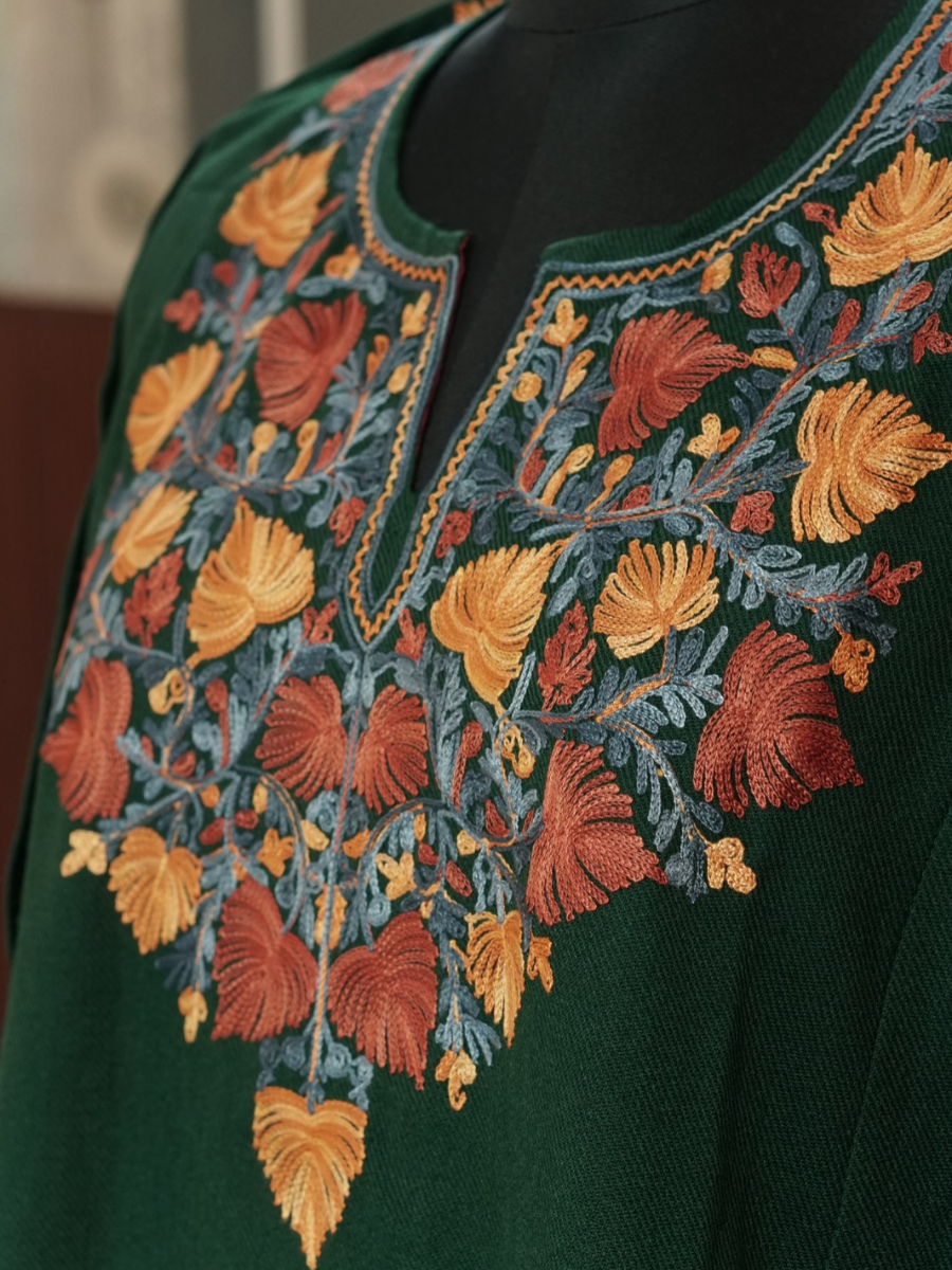 Bottle Green Kashmiri Pheran with Powder Blue & Pink Chinar Embroidery | Aari Embroidered Wool Phiran