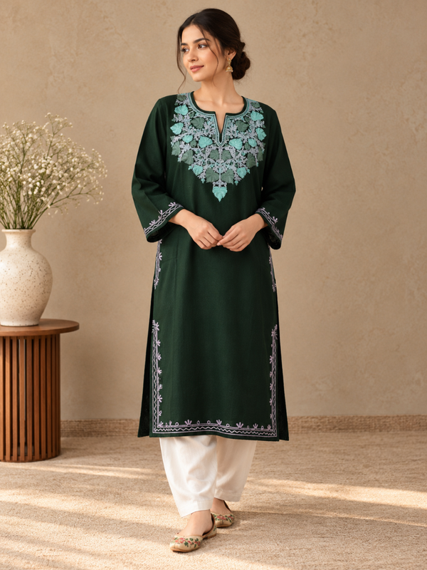 Bottle Green Kashmiri Pheran with Powder Blue & Pink Chinar Embroidery | Aari Embroidered Wool Phiran