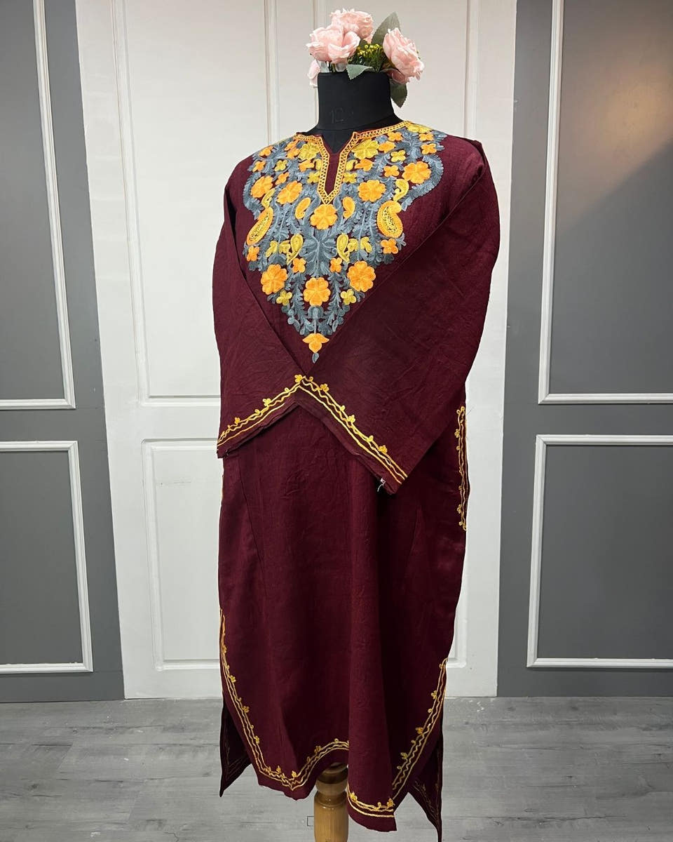 Gulposh Royal raffal wool pheran in wine with aari embroidery, KAARKASH