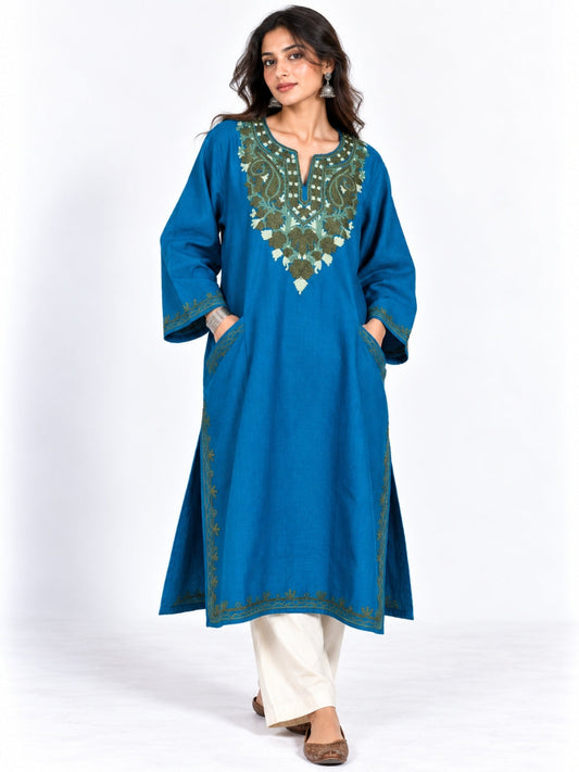 Sea blue Kashmiri pheran with green chinar aari embroidery from the Haba Khatoon collection, KAARKASH