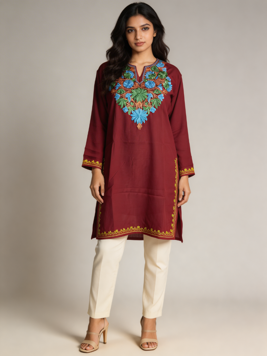 Noor : Aari embroidery summer kurti | Dark Red