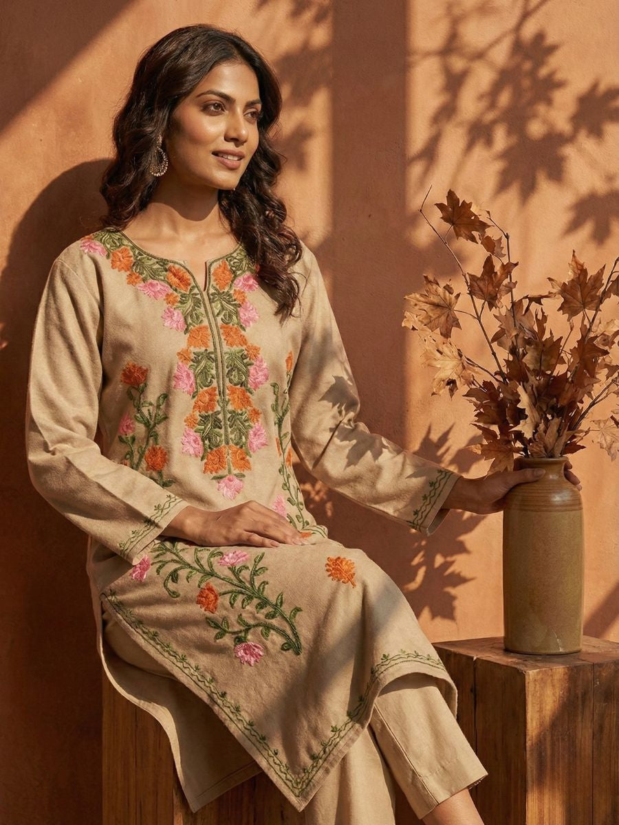 Kashmiri Aari Embroidered Phiran Kurtis –Beige