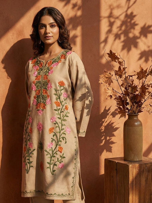 Kashmiri Aari Embroidered Phiran Kurtis –Beige