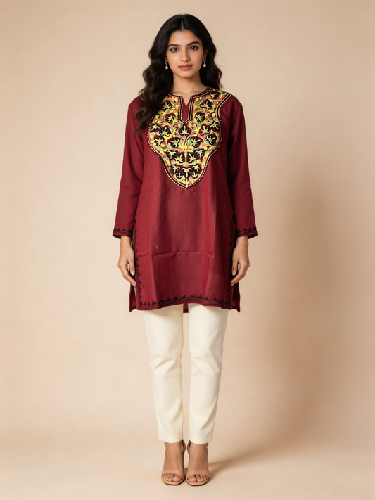 Noor : Aari embroidery summer kurti | Dark Red