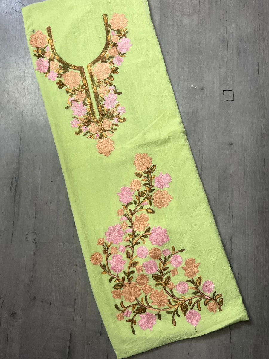 Gul Kashmiri Aari 2 Piece Unstitched Suit  |  Bright Olive