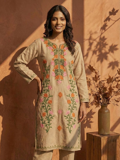 Kashmiri Aari Embroidered Phiran Kurtis –Beige