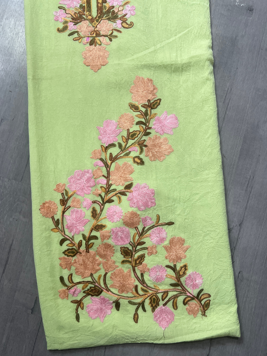 Gul Kashmiri Aari 2 Piece Unstitched Suit  |  Bright Olive