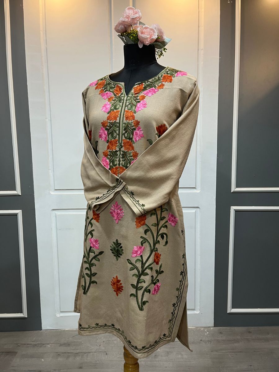 Kashmiri Aari Embroidered Phiran Kurtis –Beige