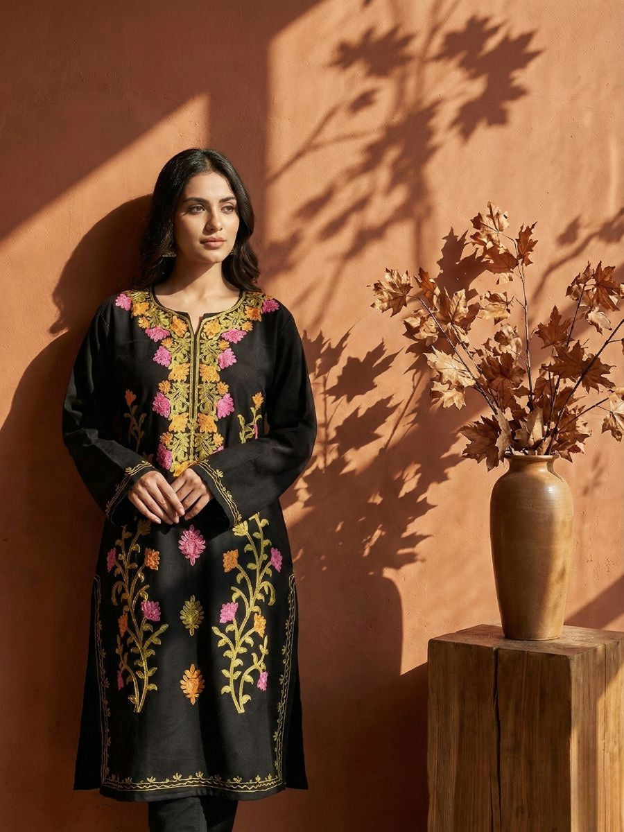 Kashmiri Aari Embroidered Phiran Kurtis  – Black