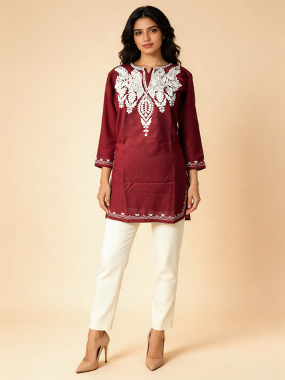 Noor : Aari embroidery summer kurti | Dark Red