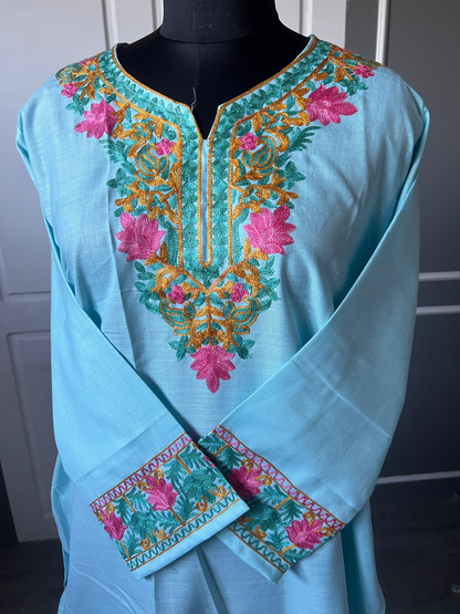 Kashmir Aari cotton Co-Ord Set | Light Turquoise