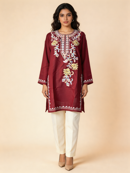 Noor : Aari embroidery summer kurti | Dark Red