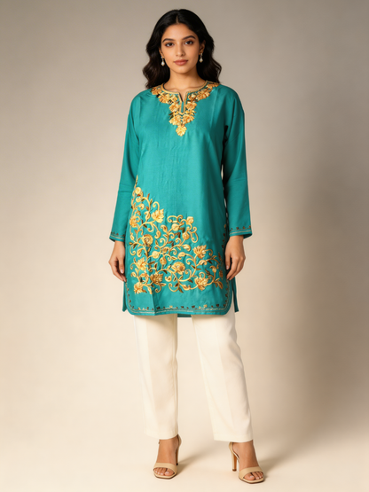 Noor : Aari embroidery summer kurti |Ocean Teal