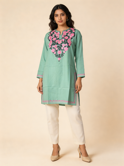 Noor : Aari embroidery summer kurti | Mint Teal