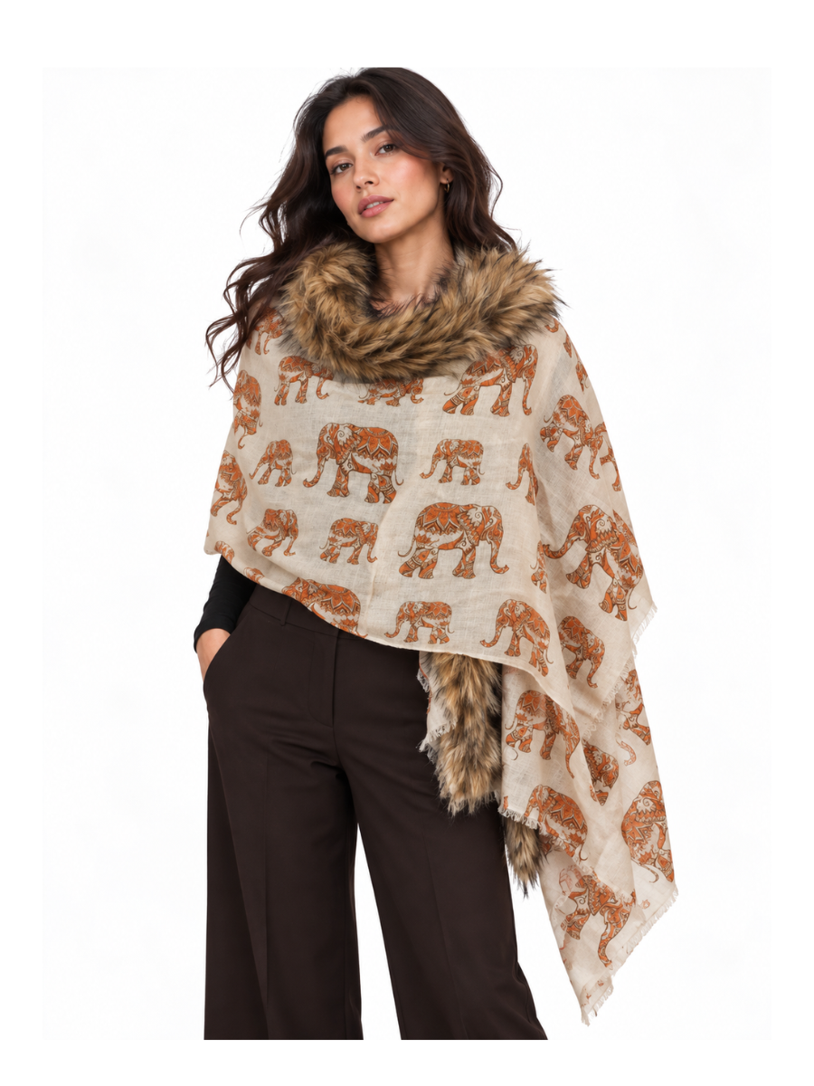 Cocoa Heritage Printed Shawl with Textured Fur Trim