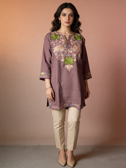 Noor : Aari embroidery summer kurti | Grayish-Brown