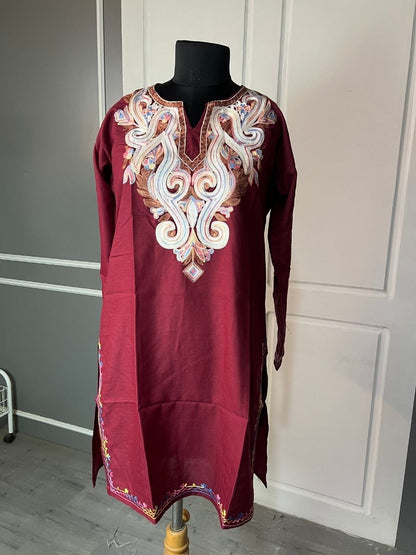 Noor : Aari embroidery summer kurti |Dark Red
