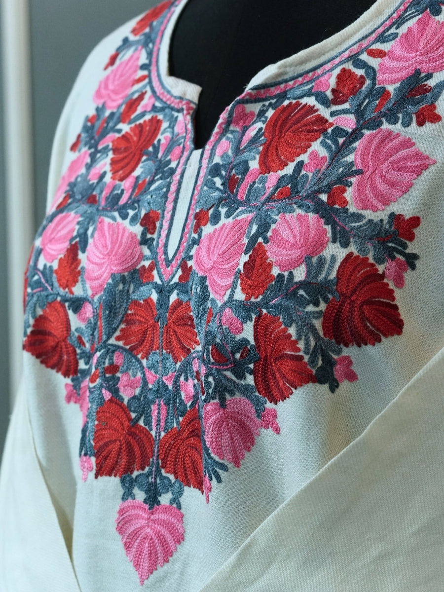 White Kashmiri Pheran with  Floral Embroidery | Aari Embroidered Wool Phiran