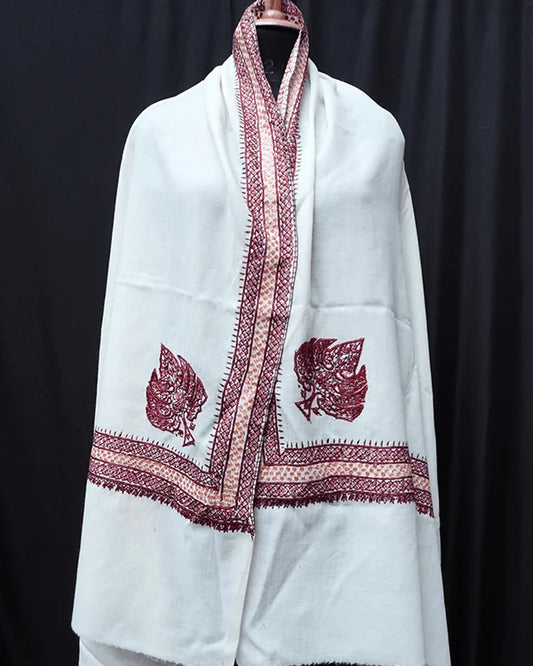 White Tusha Shawl with Sozni Handwork Embroidery - KaarKash