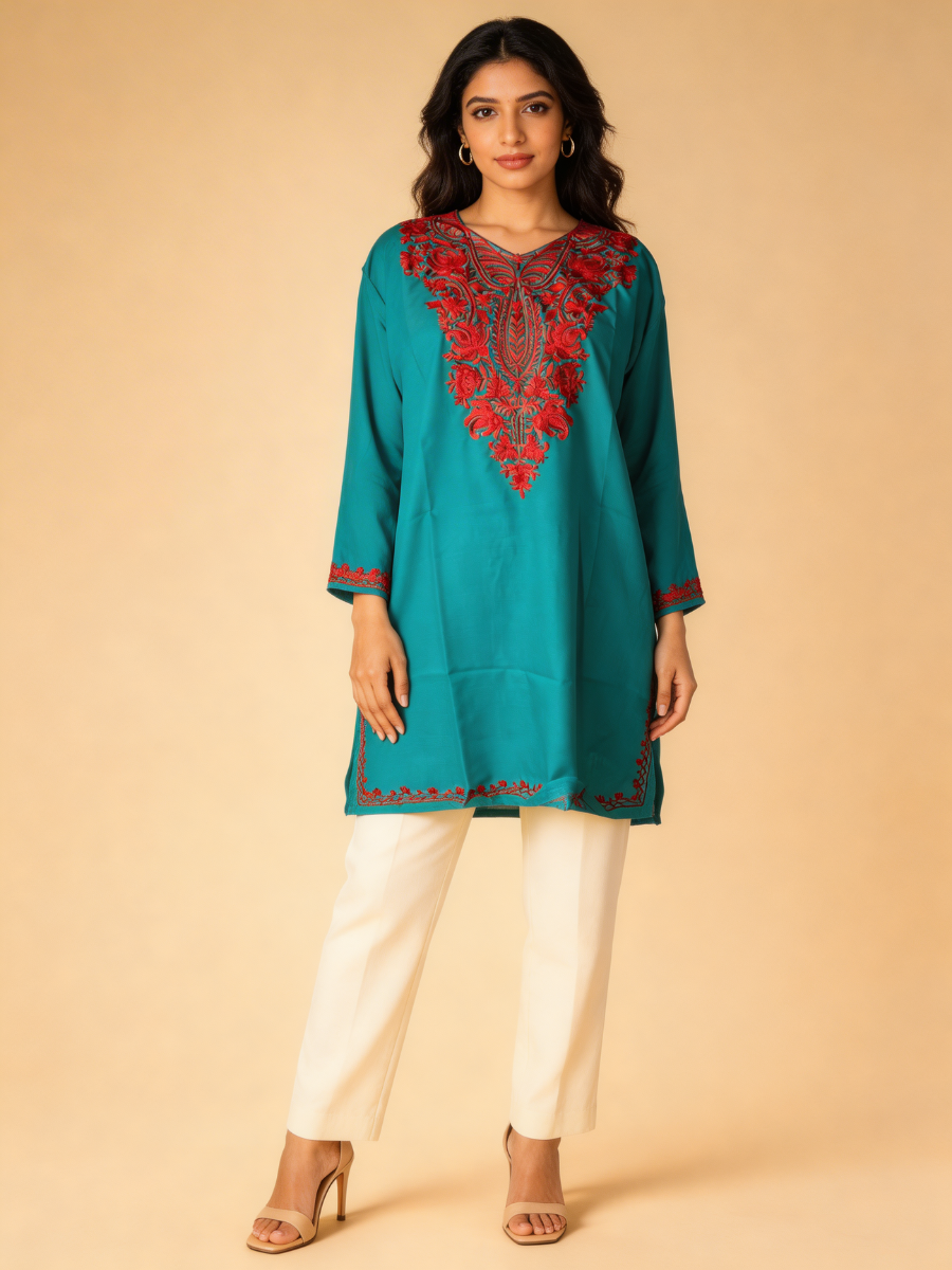Noor : Aari embroidery summer kurti |Dark Teal