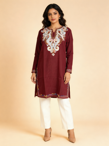 Noor : Aari embroidery summer kurti |Dark Red