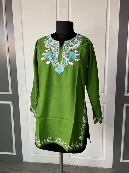 Noor : Aari embroidery summer kurti | Bottle Green