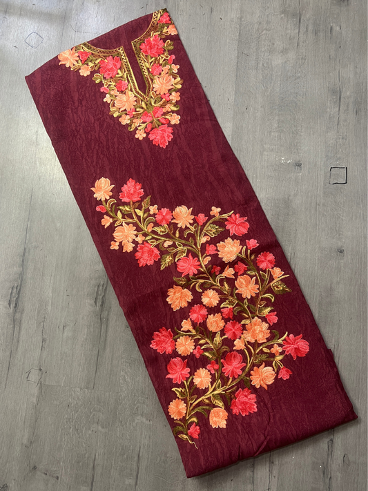 Gul Kashmiri Aari 2 Piece Unstitched Suit  |  Dark Red