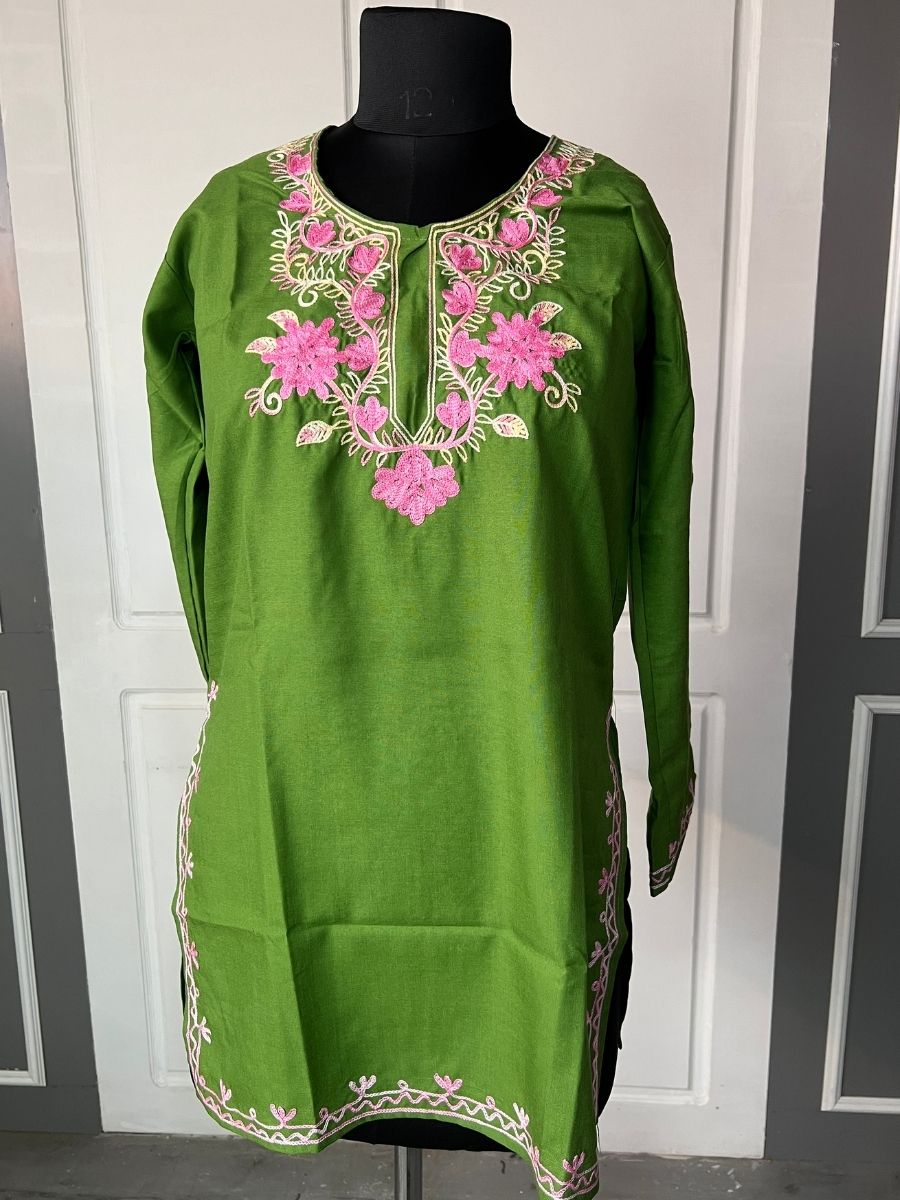 Noor : Aari embroidery summer kurti | Bottle Green