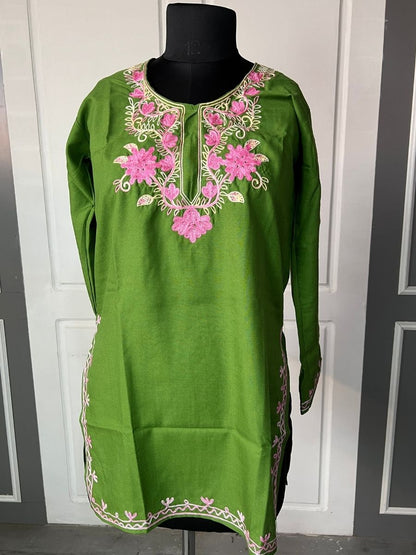 Noor : Aari embroidery summer kurti | Bottle Green