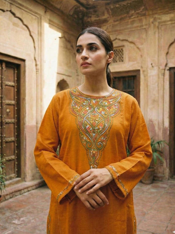 Meeras: Embroidered Raffel Phiran | Amber