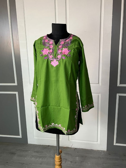 Noor : Aari embroidery summer kurti | Bottle Green