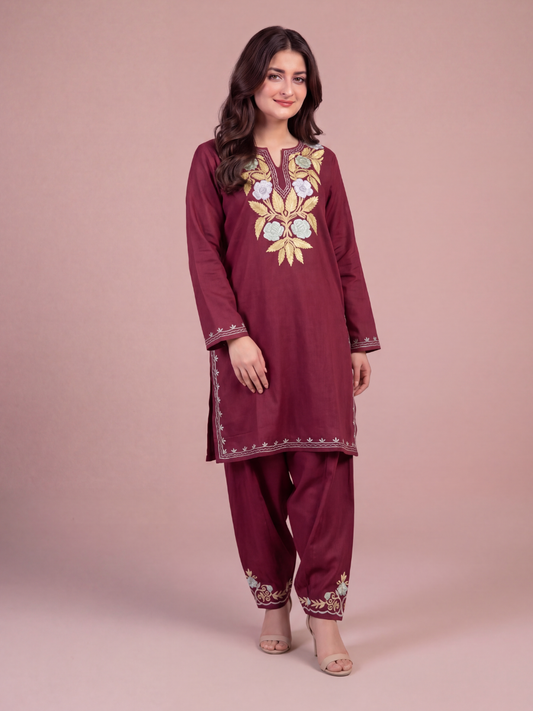 Kashmir Aari cotton Co-Ord Set | Dark Red