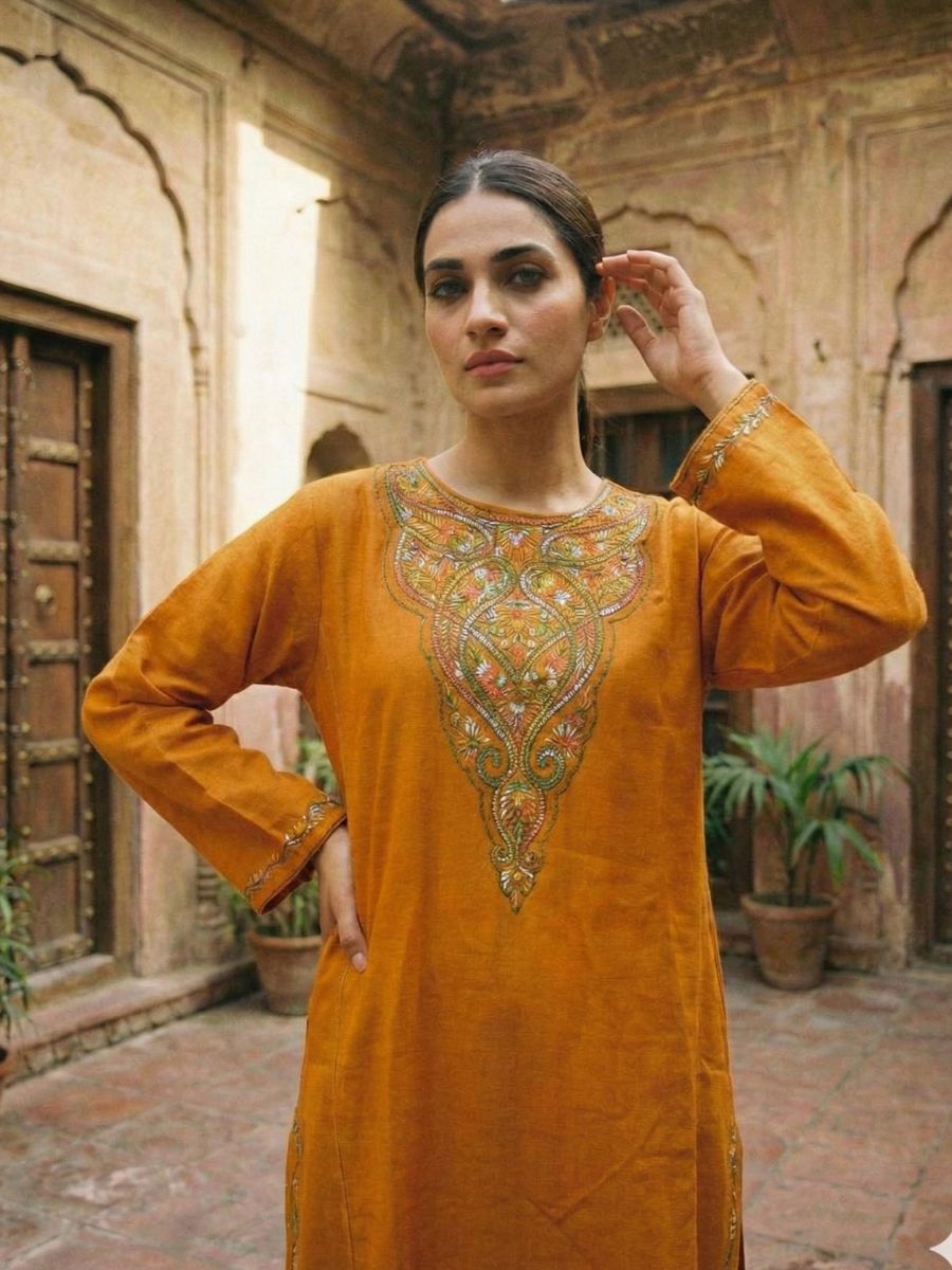 Meeras: Hand-Embroidered Raffel Phiran | Amber