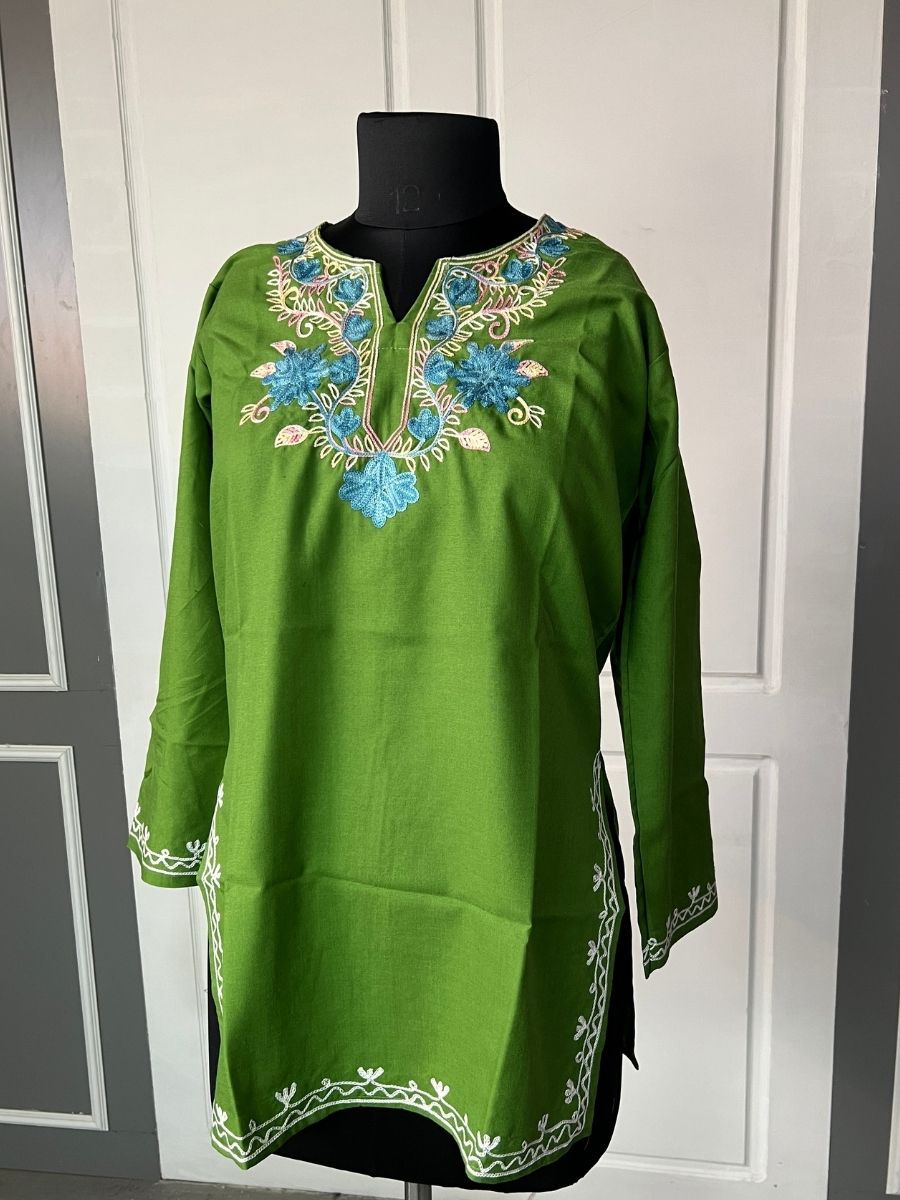 Noor : Aari embroidery summer kurti | Bottle Green