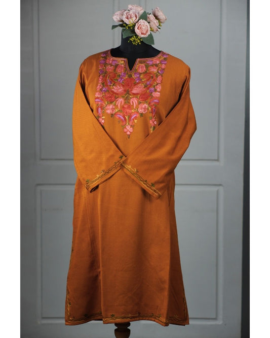 Kashmiri Aari Embroidered Phiran – Brown, Green & Pink | Mustard