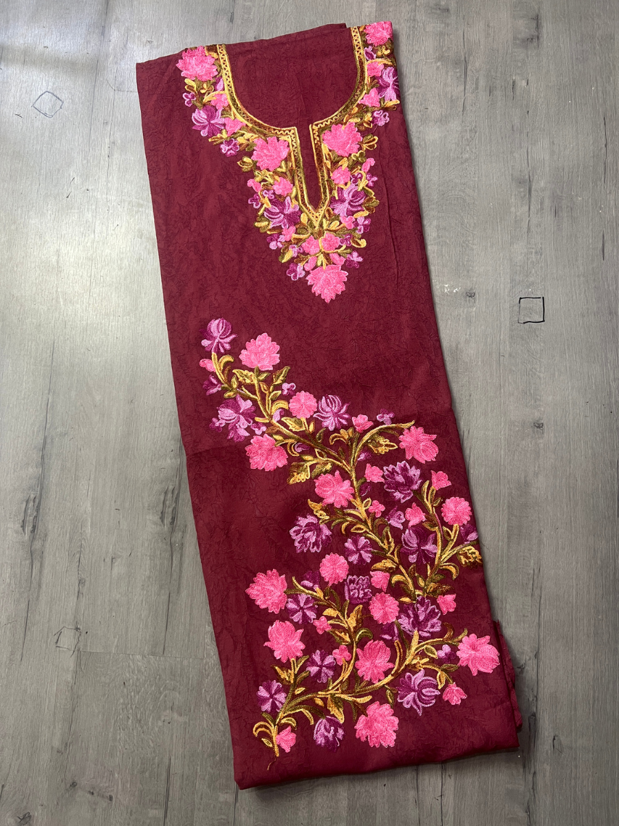 Gul Kashmiri Aari 2 Piece Unstitched Suit  |  Dark Red
