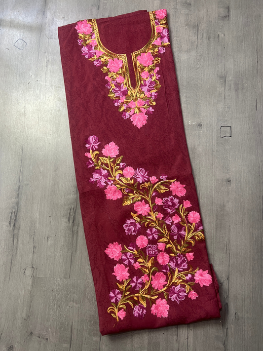 Gul Kashmiri Aari 2 Piece Unstitched Suit  |  Dark Red