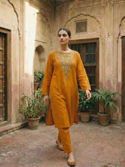 Meeras: Hand-Embroidered Raffel Phiran | Amber