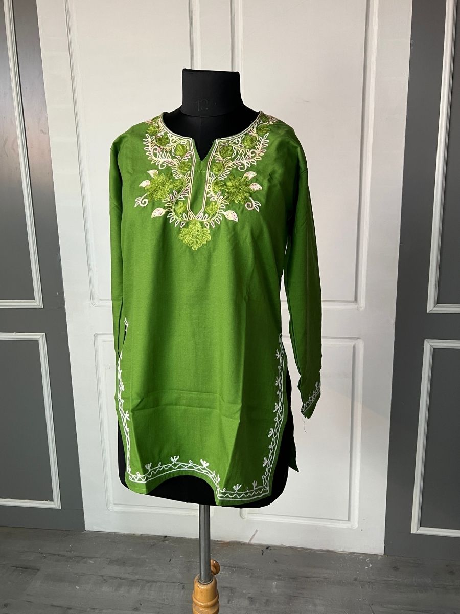 Noor : Aari embroidery summer kurti | Bottle Green