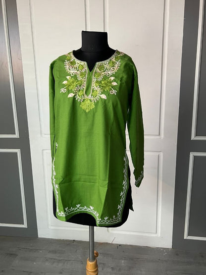 Noor : Aari embroidery summer kurti | Bottle Green