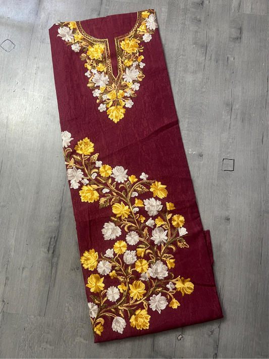 Gul Kashmiri Aari 2 Piece Unstitched Suit  |  Dark Red