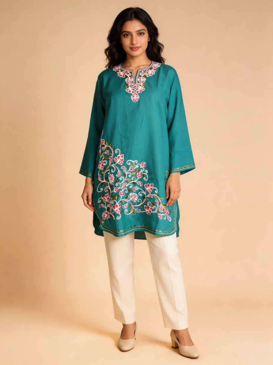 Noor : Aari embroidery summer kurti | Dark Teal