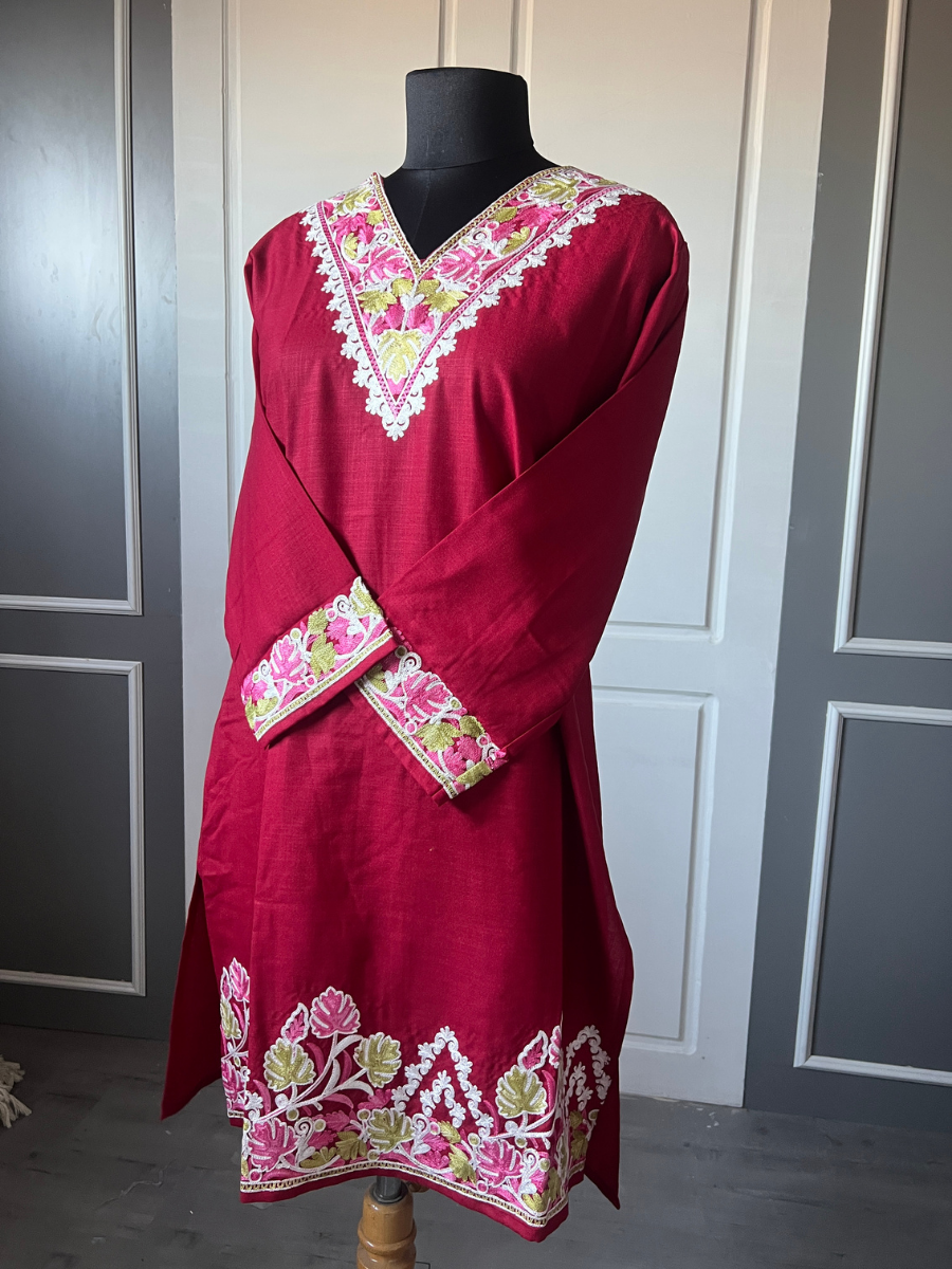Kashmir Aari cotton Co-Ord Set | Dark Red