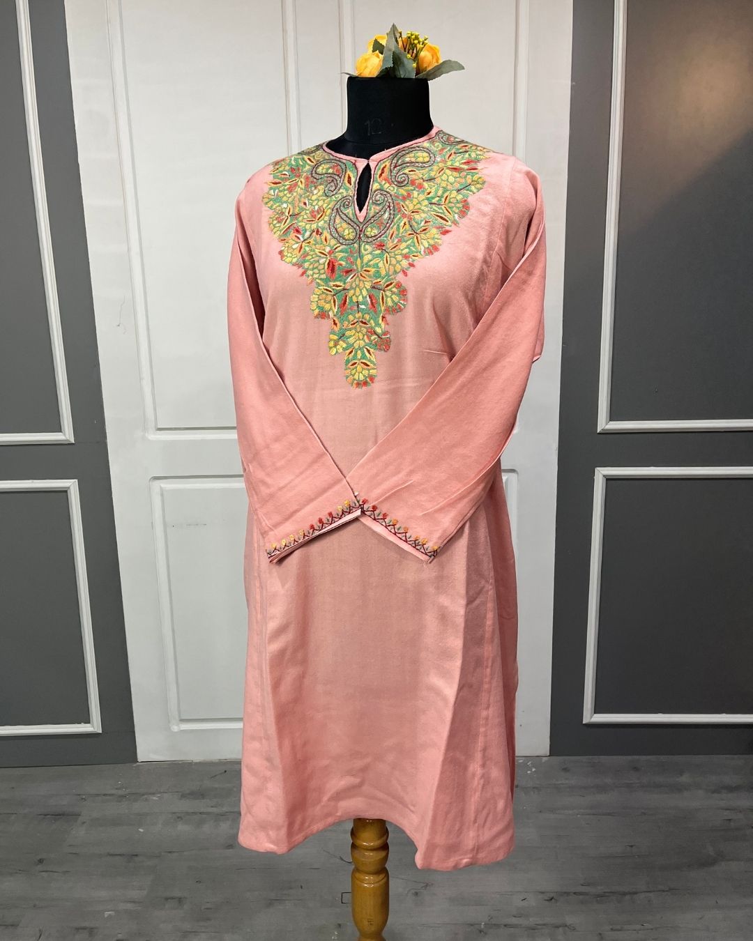 Meeras: Hand-Embroidered Raffel Phiran | Soft Peach