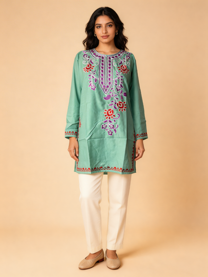 Noor : Aari embroidery summer kurti | Ocean Teal