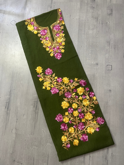 Gul Kashmiri Aari 2 Piece Unstitched Suit  |  Dark Green