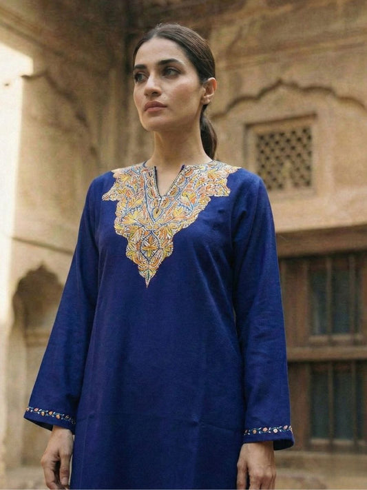 Meeras: Hand-Embroidered Raffel Phiran | Royal Indigo