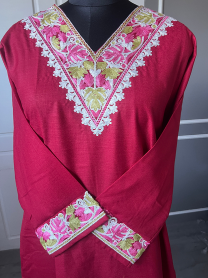 Kashmir Aari cotton Co-Ord Set | Dark Red