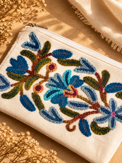 Azure Bloom Embroidered Pouch